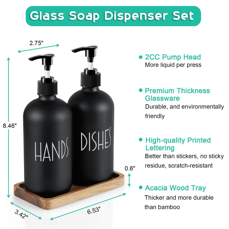 ALELION Black Dish Soap Dispenser Set for Kitchen - 16 OZ Hand Soap Dispenser with Pump and Acacia Wood Tray - for Black Kitchen Decor and Accessories - Image 3